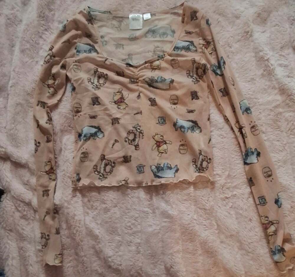 Disney Winnie the Pooh Sheer Mesh Top XS Peach Y2K Fairycore Long Sleeve